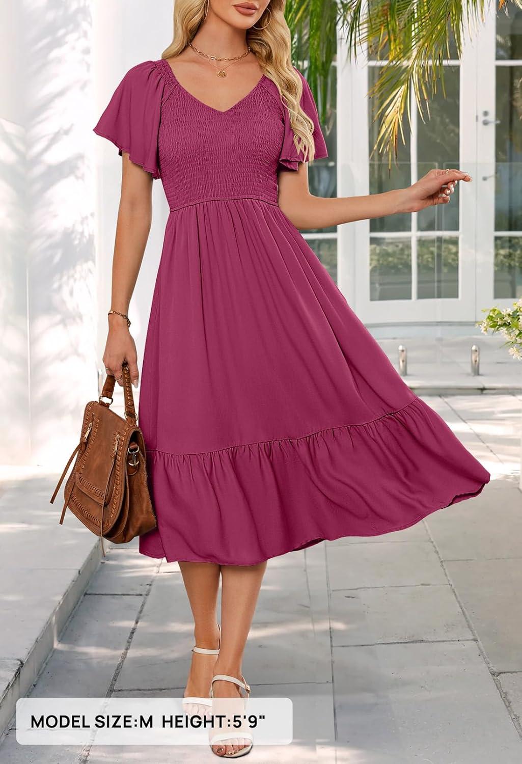 imageMEROKEETY Womens Summer Casual V Neck Ruffle Sleeve Smocked High Waist Midi Dress with PocketsWine