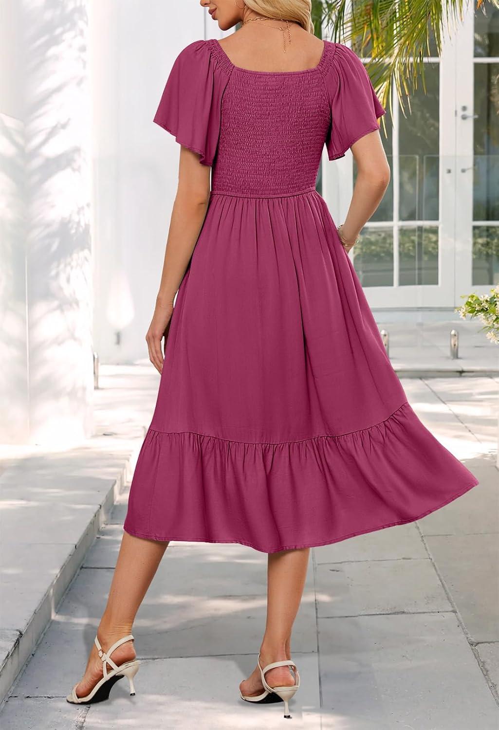 imageMEROKEETY Womens Summer Casual V Neck Ruffle Sleeve Smocked High Waist Midi Dress with PocketsWine