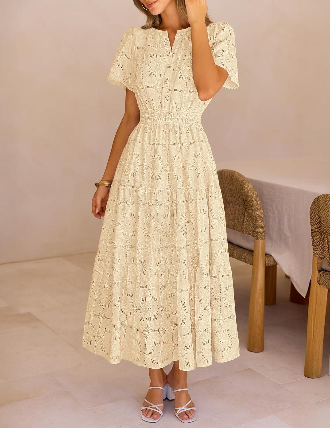 imageMEROKEETY Womens Summer Floral Maxi Dress 2026 Spring Boho Vacation Eyelet Lace Short Sleeve A Line Tiered Flowy DressesApricot