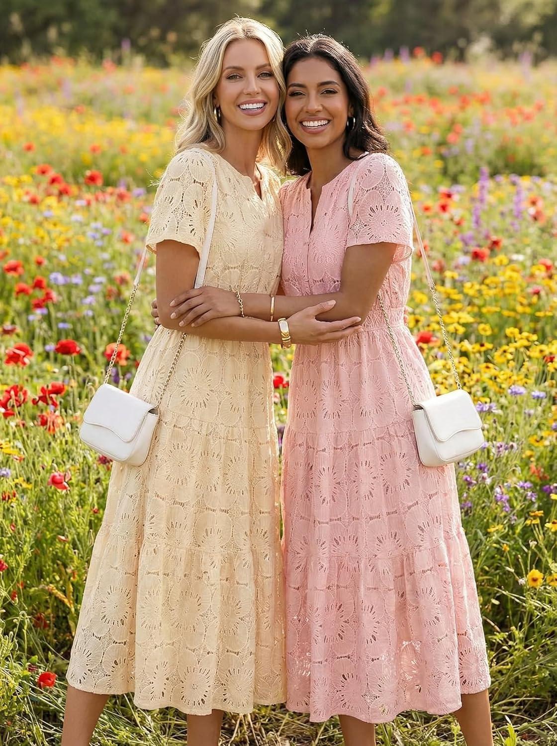 imageMEROKEETY Womens Summer Floral Maxi Dress 2026 Spring Boho Vacation Eyelet Lace Short Sleeve A Line Tiered Flowy DressesApricot