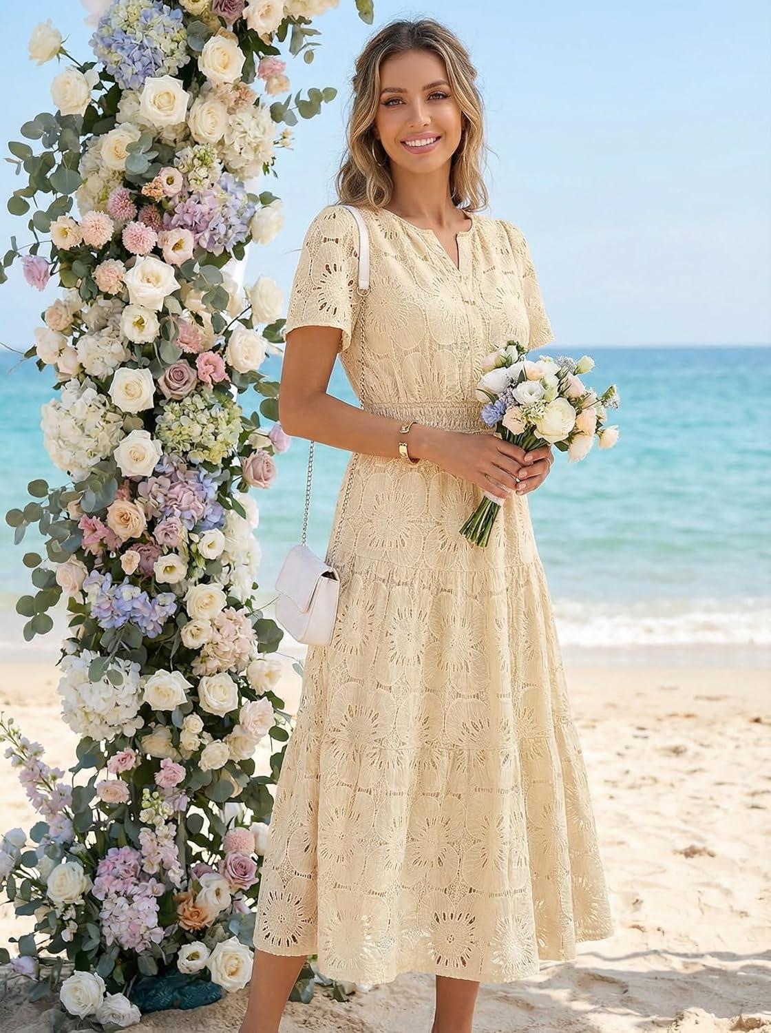 imageMEROKEETY Womens Summer Floral Maxi Dress 2026 Spring Boho Vacation Eyelet Lace Short Sleeve A Line Tiered Flowy DressesApricot