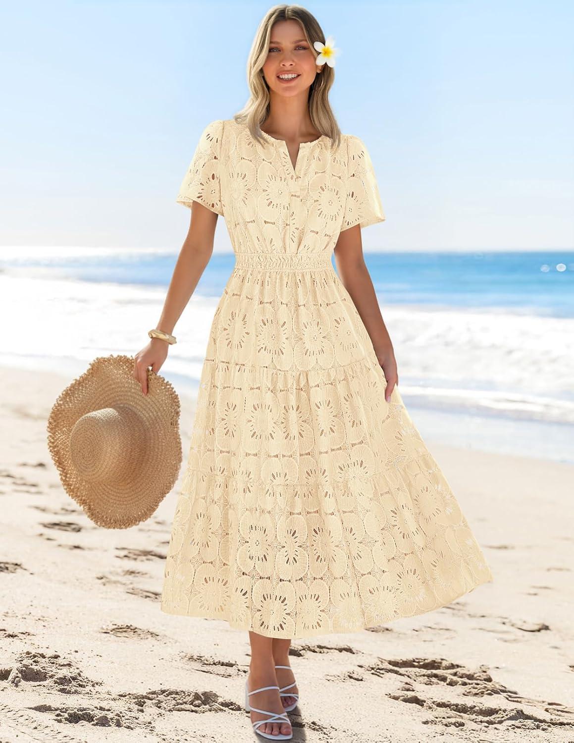 imageMEROKEETY Womens Summer Floral Maxi Dress 2026 Spring Boho Vacation Eyelet Lace Short Sleeve A Line Tiered Flowy DressesApricot