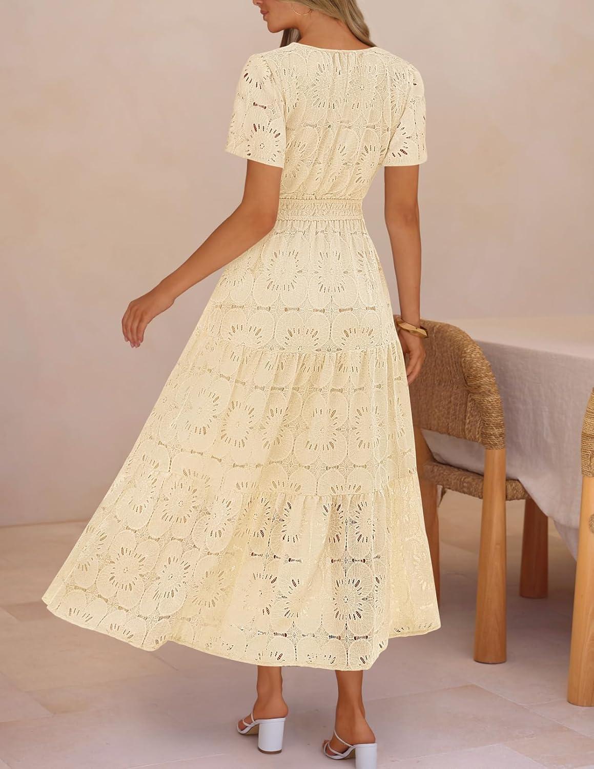 imageMEROKEETY Womens Summer Floral Maxi Dress 2026 Spring Boho Vacation Eyelet Lace Short Sleeve A Line Tiered Flowy DressesApricot