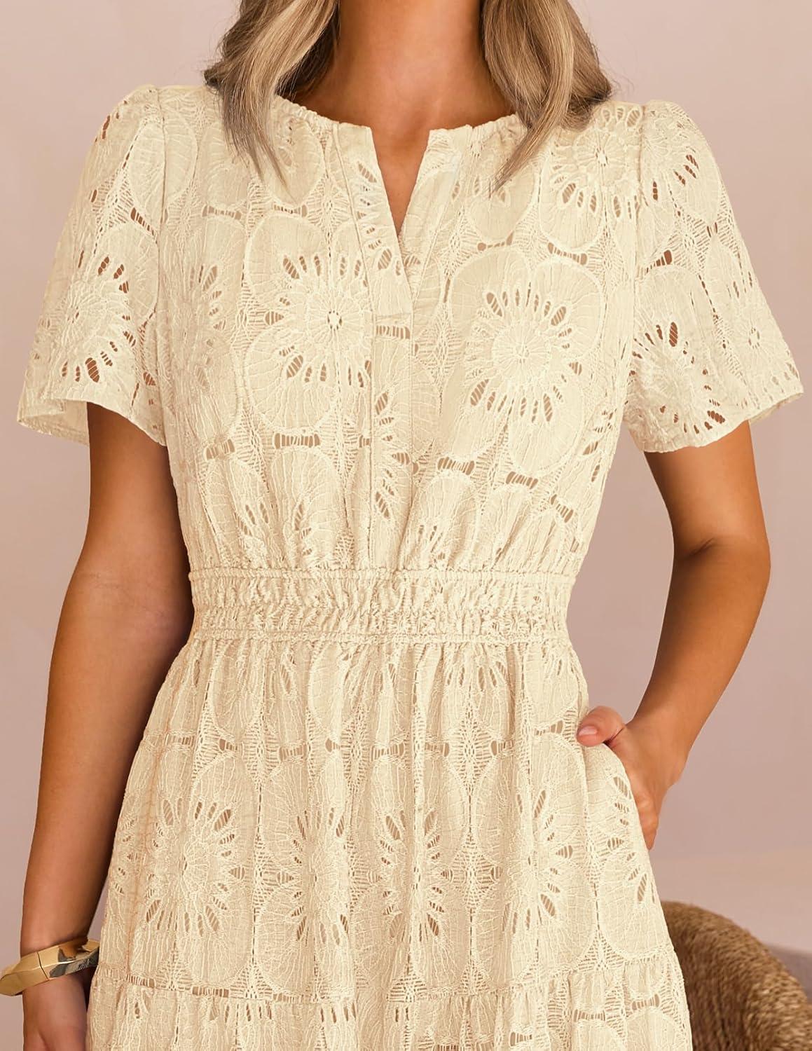 imageMEROKEETY Womens Summer Floral Maxi Dress 2026 Spring Boho Vacation Eyelet Lace Short Sleeve A Line Tiered Flowy DressesApricot