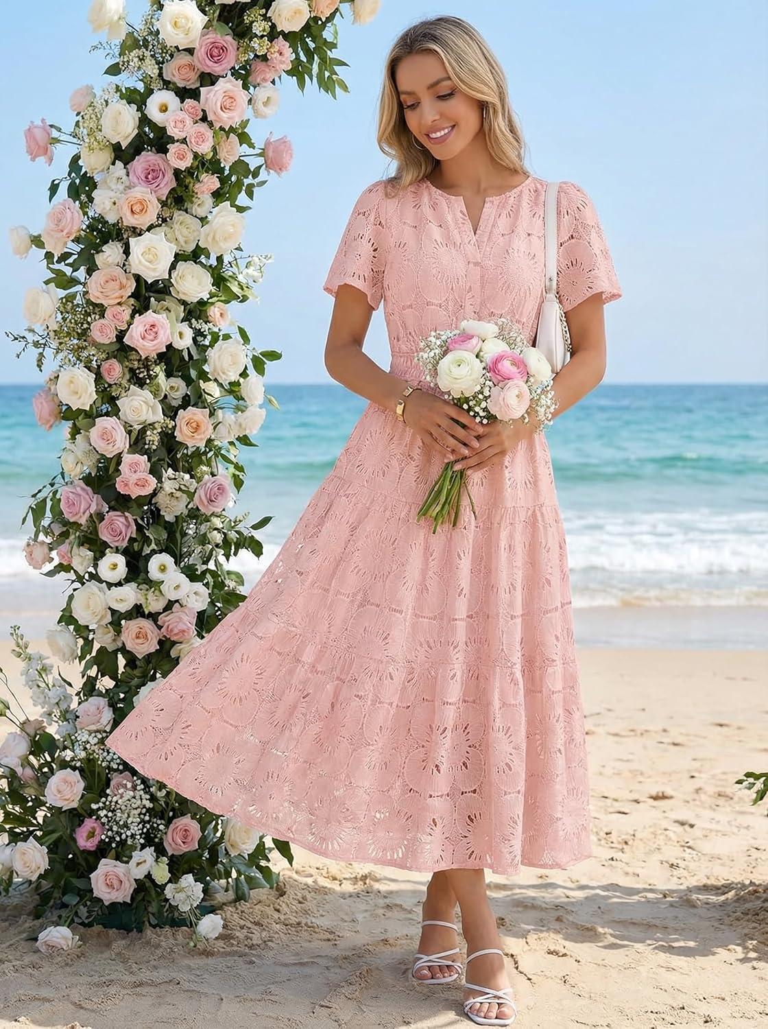 imageMEROKEETY Womens Summer Floral Maxi Dress 2026 Spring Boho Vacation Eyelet Lace Short Sleeve A Line Tiered Flowy DressesPink