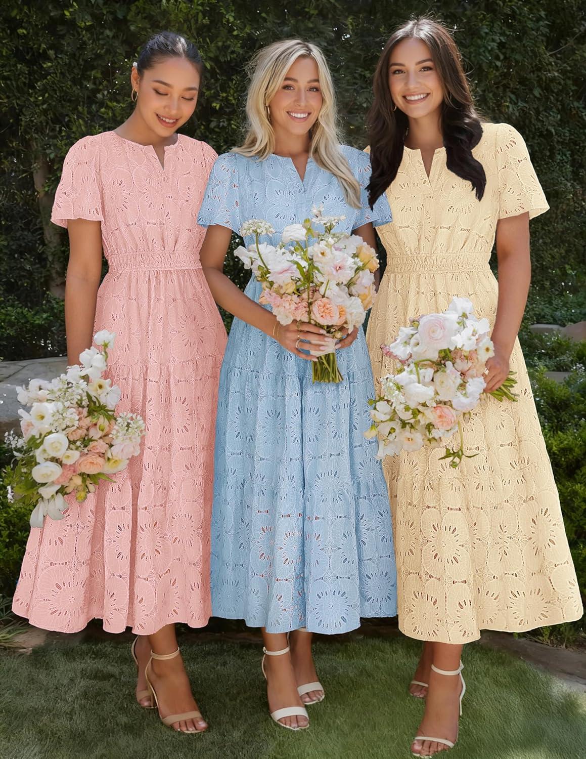 imageMEROKEETY Womens Summer Floral Maxi Dress 2026 Spring Boho Vacation Eyelet Lace Short Sleeve A Line Tiered Flowy DressesPink