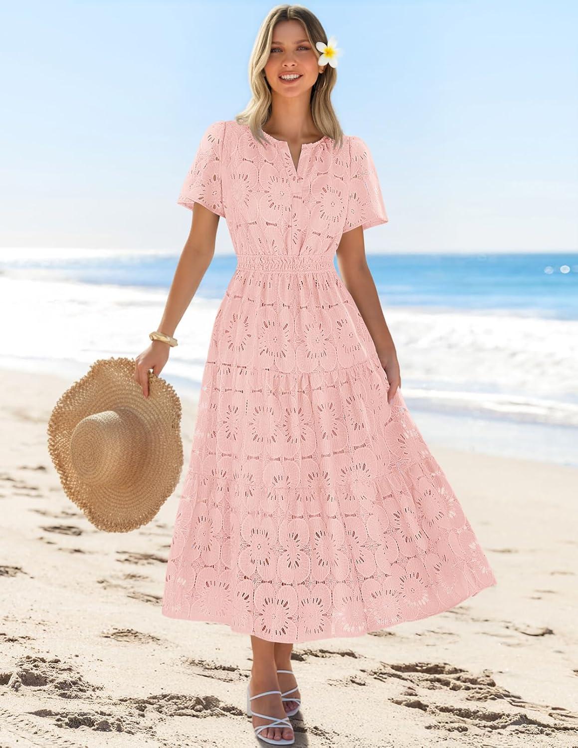 imageMEROKEETY Womens Summer Floral Maxi Dress 2026 Spring Boho Vacation Eyelet Lace Short Sleeve A Line Tiered Flowy DressesPink