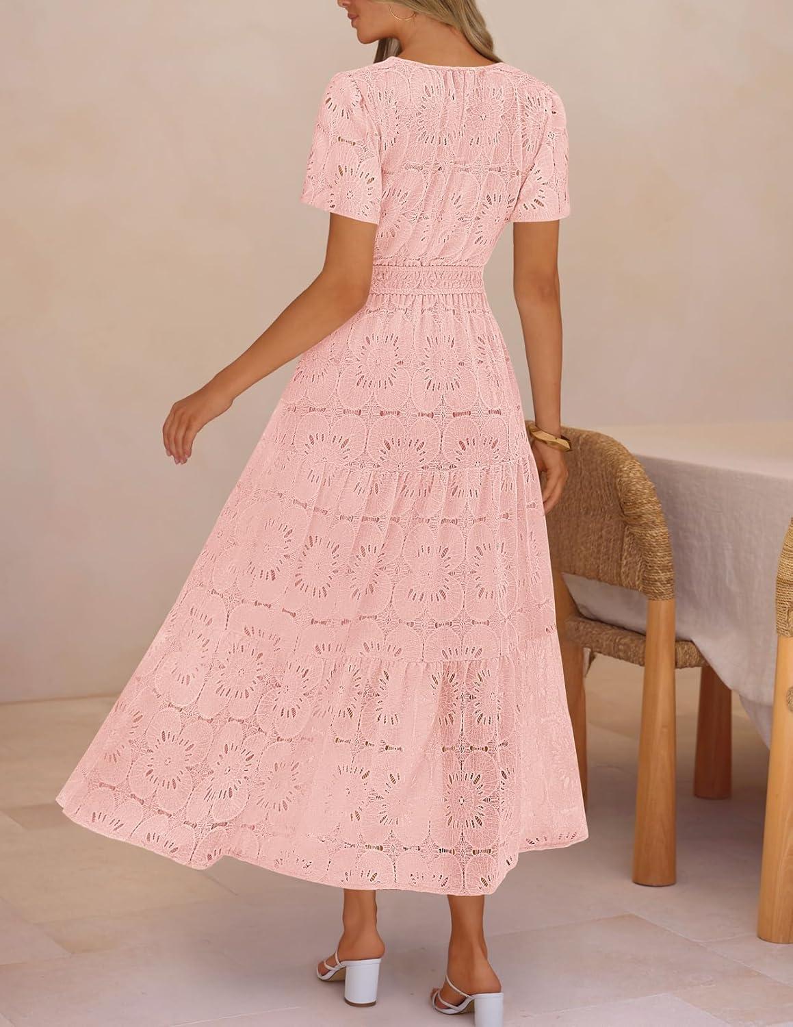 imageMEROKEETY Womens Summer Floral Maxi Dress 2026 Spring Boho Vacation Eyelet Lace Short Sleeve A Line Tiered Flowy DressesPink