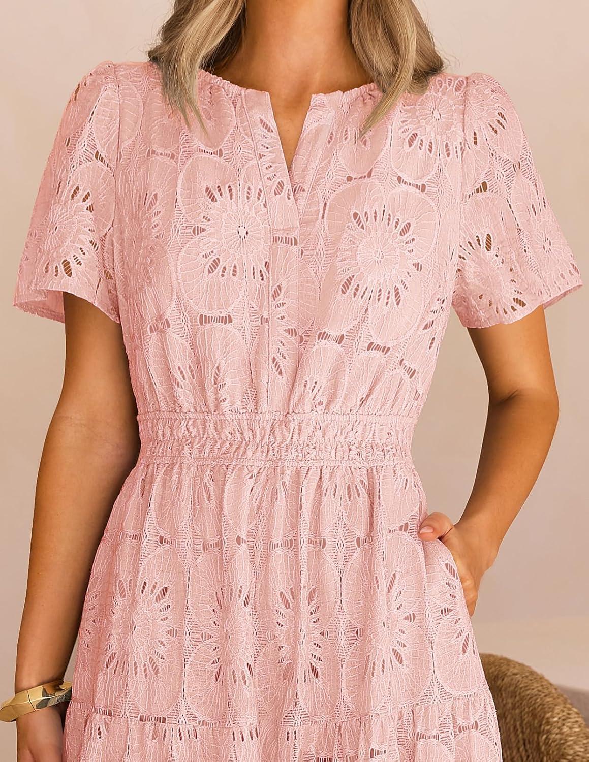imageMEROKEETY Womens Summer Floral Maxi Dress 2026 Spring Boho Vacation Eyelet Lace Short Sleeve A Line Tiered Flowy DressesPink