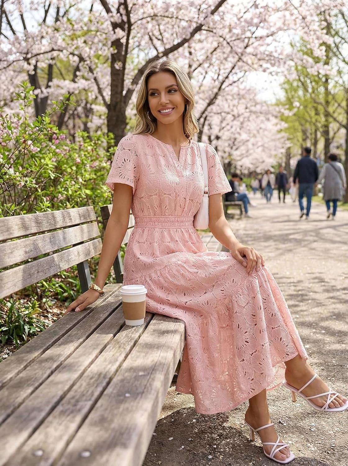 imageMEROKEETY Womens Summer Floral Maxi Dress 2026 Spring Boho Vacation Eyelet Lace Short Sleeve A Line Tiered Flowy DressesPink