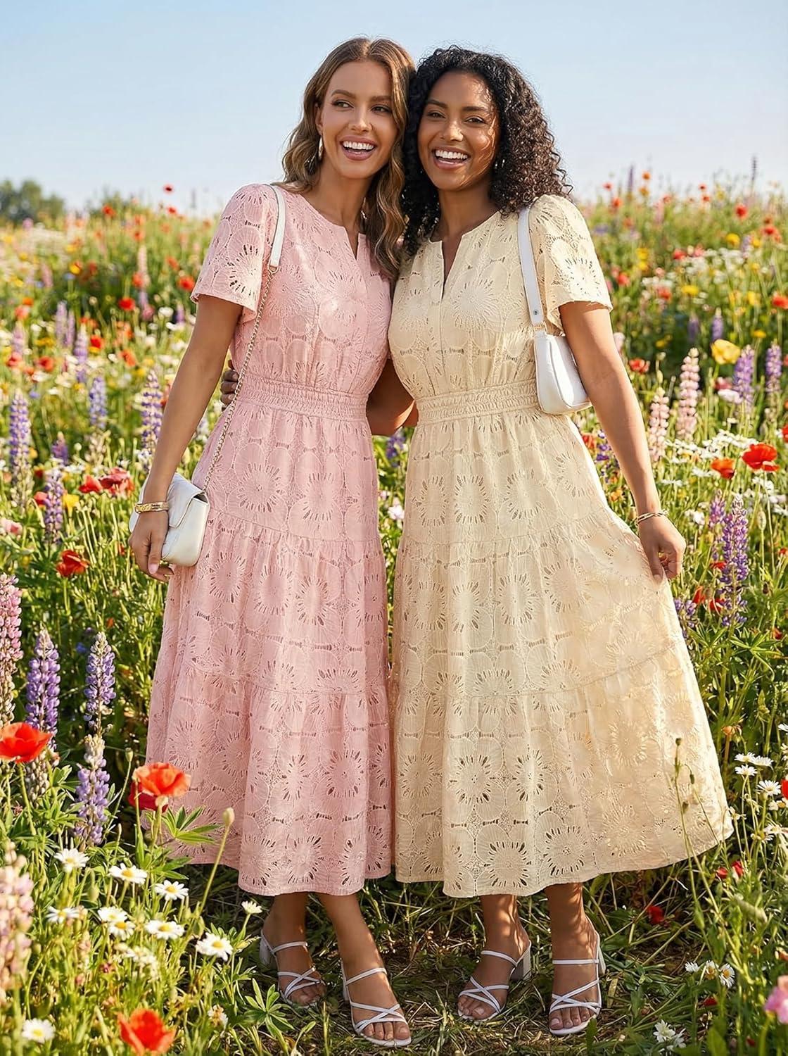 imageMEROKEETY Womens Summer Floral Maxi Dress 2026 Spring Boho Vacation Eyelet Lace Short Sleeve A Line Tiered Flowy DressesPink