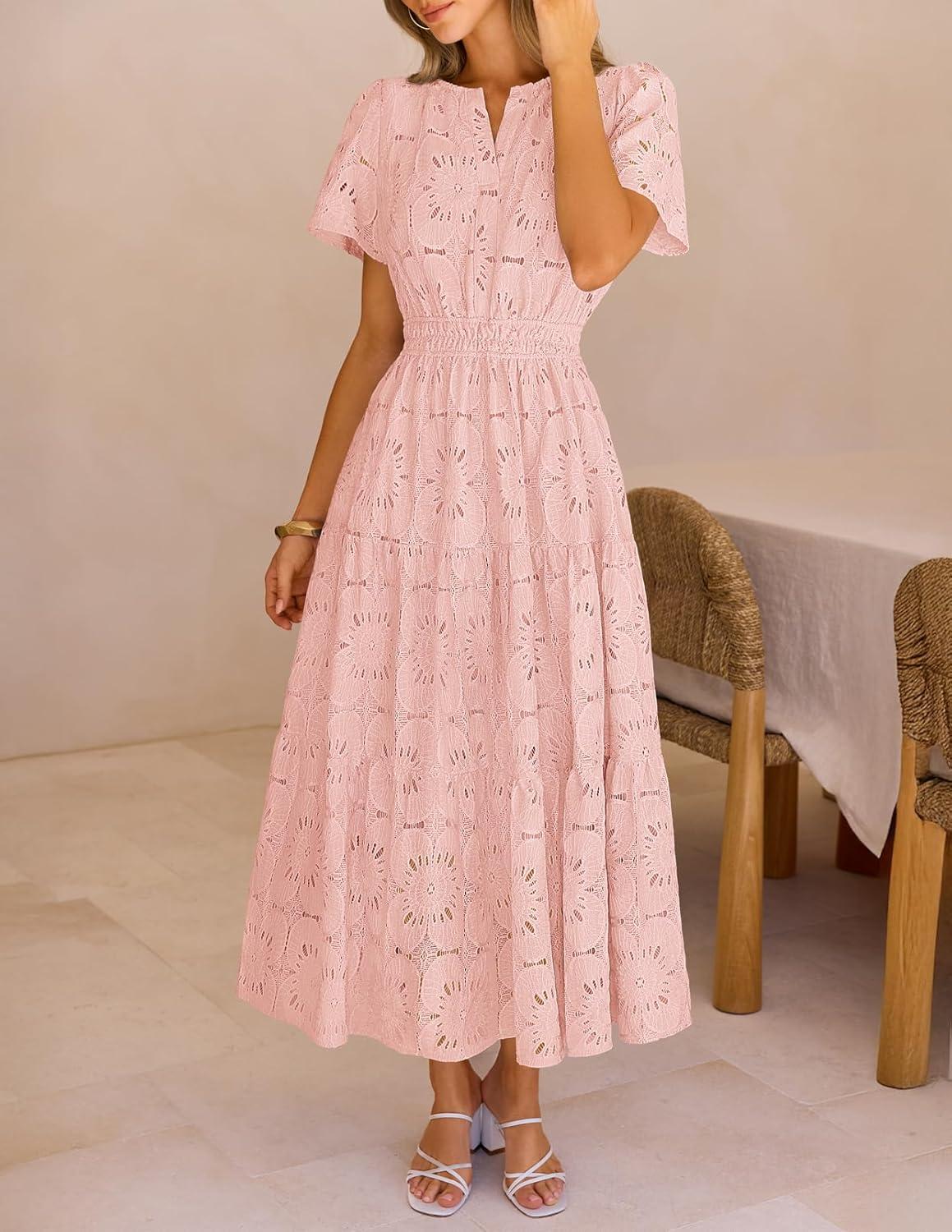 imageMEROKEETY Womens Summer Floral Maxi Dress 2026 Spring Boho Vacation Eyelet Lace Short Sleeve A Line Tiered Flowy DressesPink