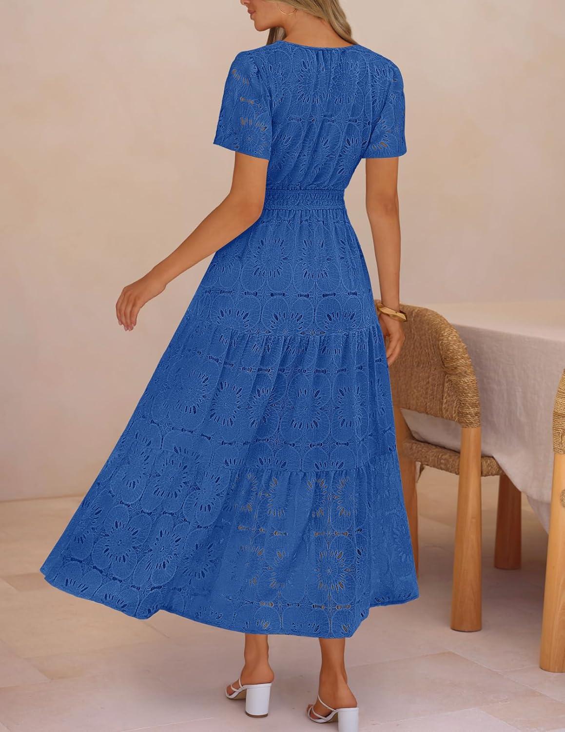 imageMEROKEETY Womens Summer Floral Maxi Dress 2026 Spring Boho Vacation Eyelet Lace Short Sleeve A Line Tiered Flowy DressesRoyal Blue