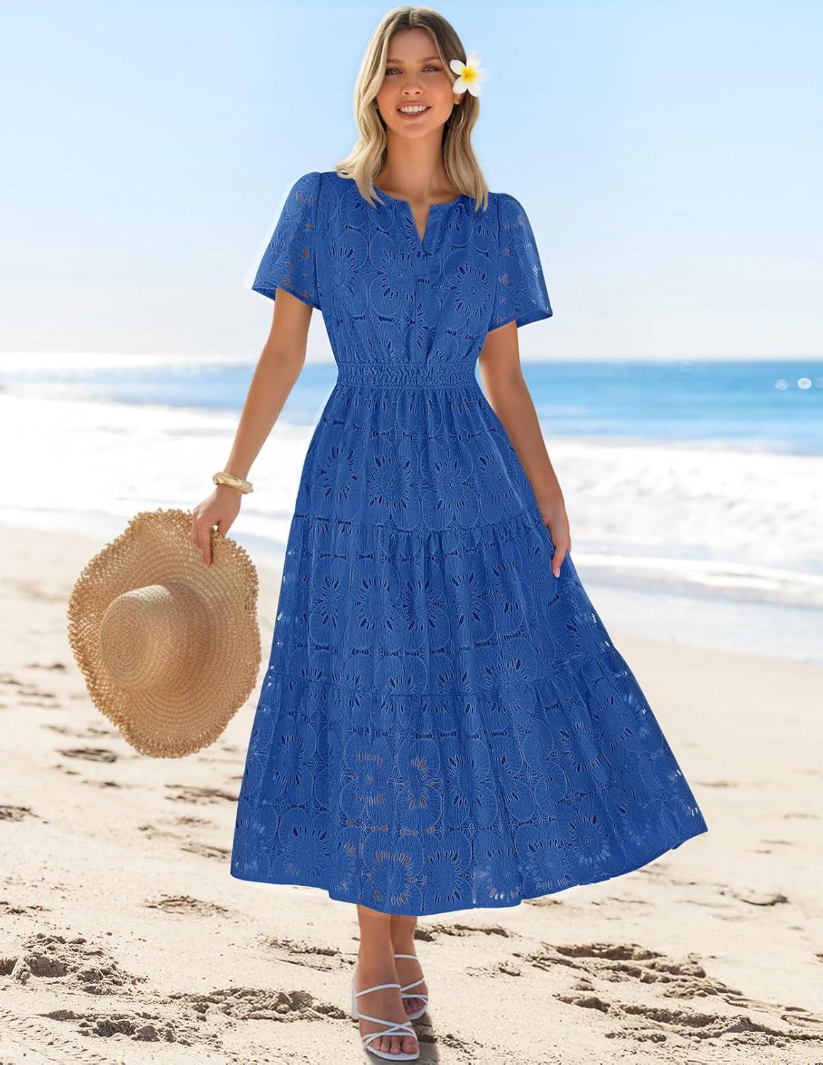 imageMEROKEETY Womens Summer Floral Maxi Dress 2026 Spring Boho Vacation Eyelet Lace Short Sleeve A Line Tiered Flowy DressesRoyal Blue