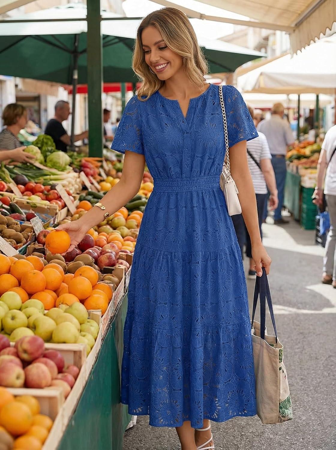 imageMEROKEETY Womens Summer Floral Maxi Dress 2026 Spring Boho Vacation Eyelet Lace Short Sleeve A Line Tiered Flowy DressesRoyal Blue