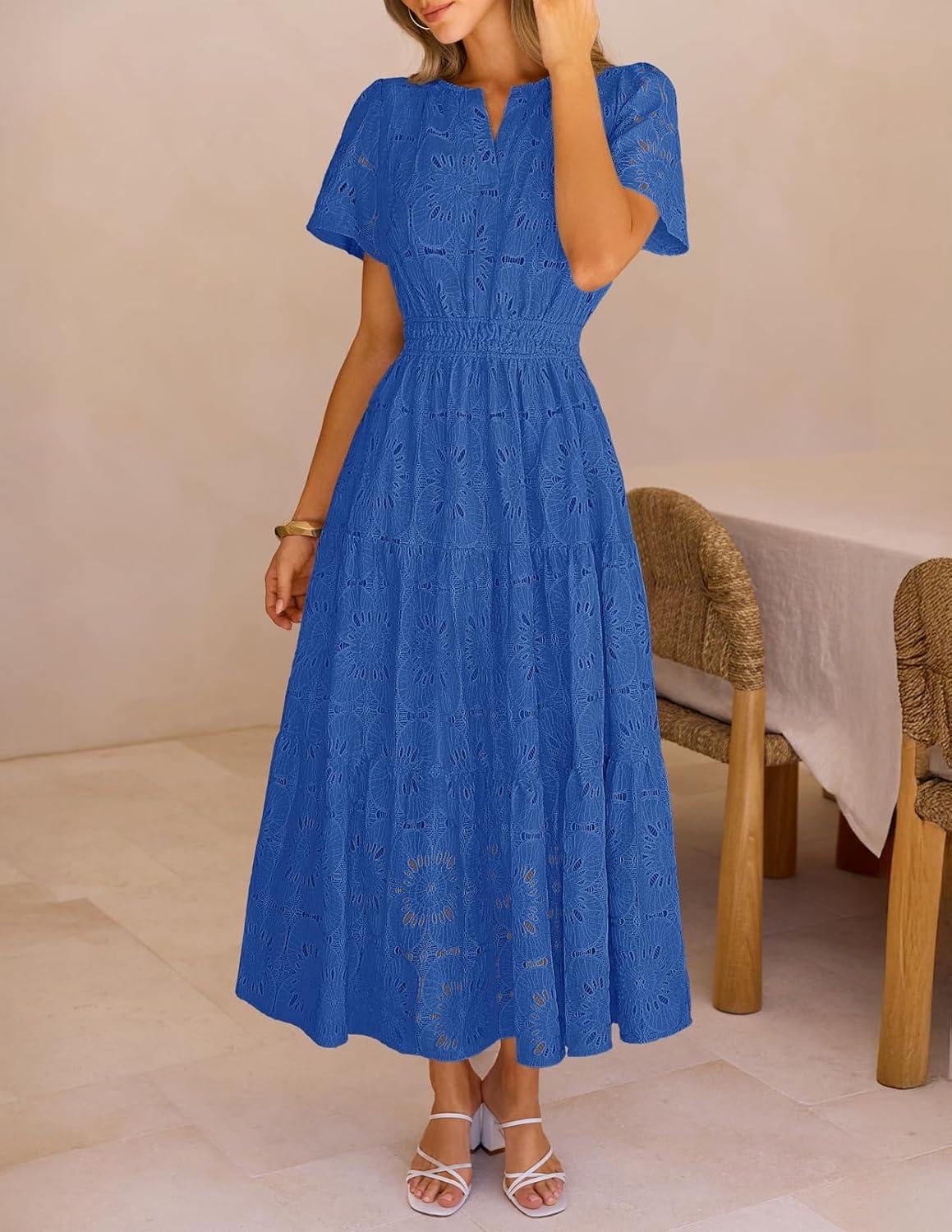 imageMEROKEETY Womens Summer Floral Maxi Dress 2026 Spring Boho Vacation Eyelet Lace Short Sleeve A Line Tiered Flowy DressesRoyal Blue
