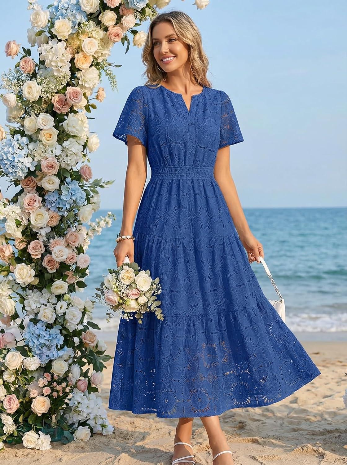 imageMEROKEETY Womens Summer Floral Maxi Dress 2026 Spring Boho Vacation Eyelet Lace Short Sleeve A Line Tiered Flowy DressesRoyal Blue