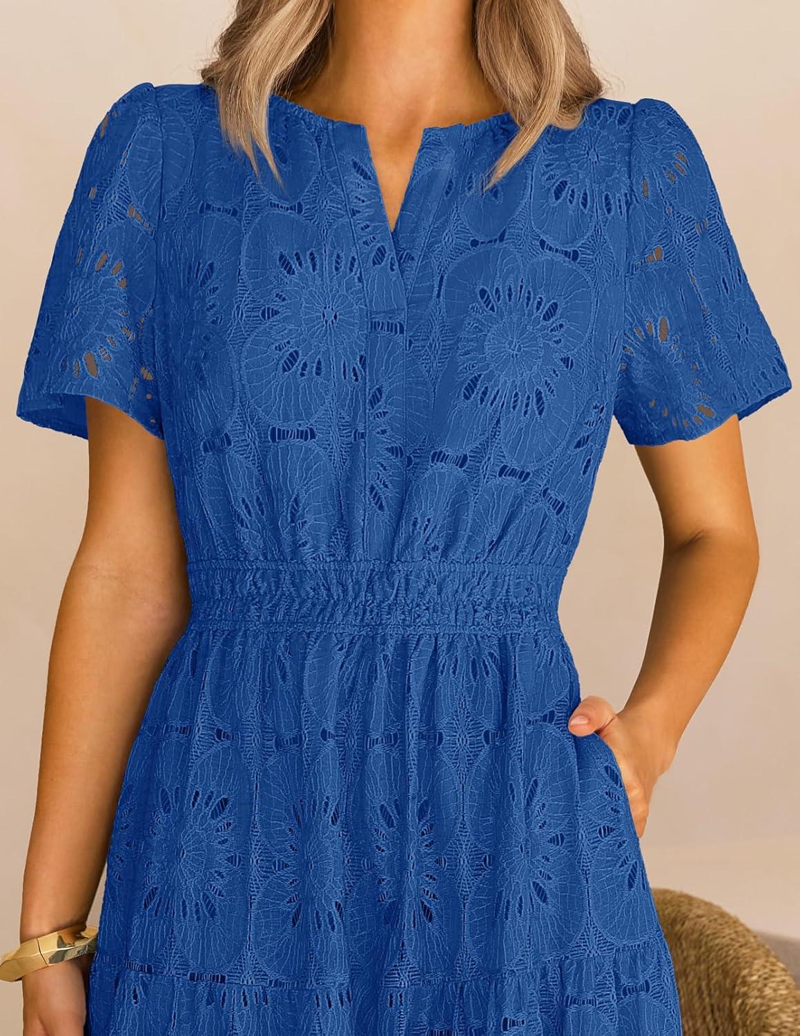 imageMEROKEETY Womens Summer Floral Maxi Dress 2026 Spring Boho Vacation Eyelet Lace Short Sleeve A Line Tiered Flowy DressesRoyal Blue
