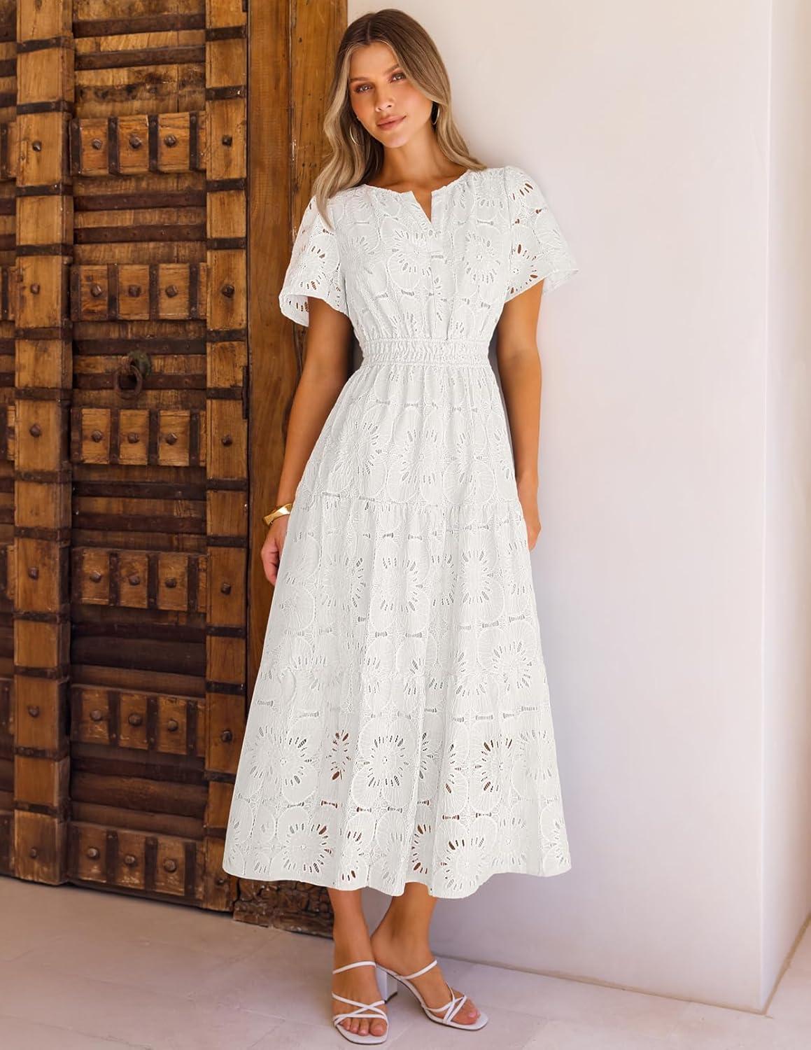 imageMEROKEETY Womens Summer Floral Maxi Dress 2026 Spring Boho Vacation Eyelet Lace Short Sleeve A Line Tiered Flowy DressesWhite