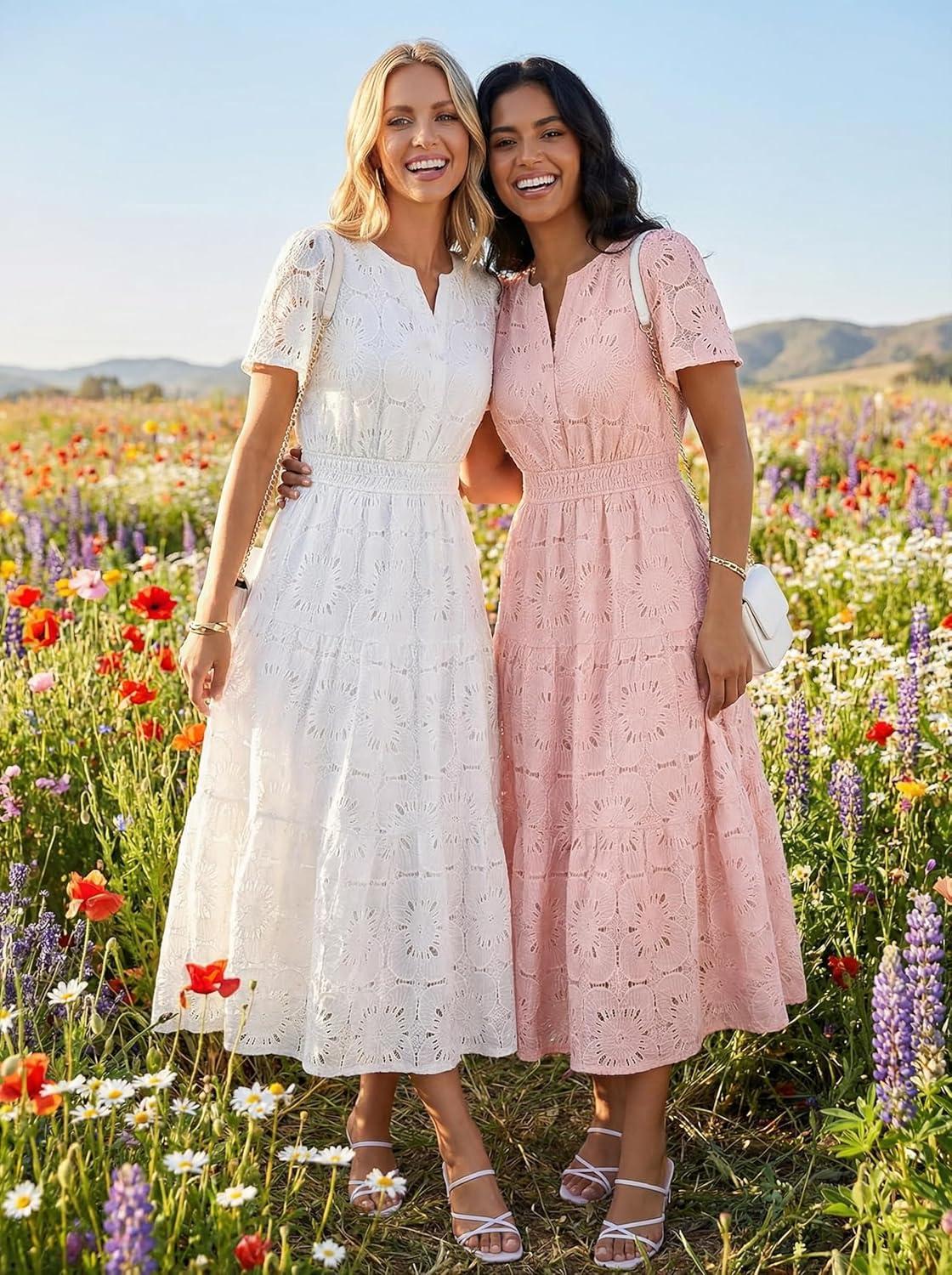 imageMEROKEETY Womens Summer Floral Maxi Dress 2026 Spring Boho Vacation Eyelet Lace Short Sleeve A Line Tiered Flowy DressesWhite