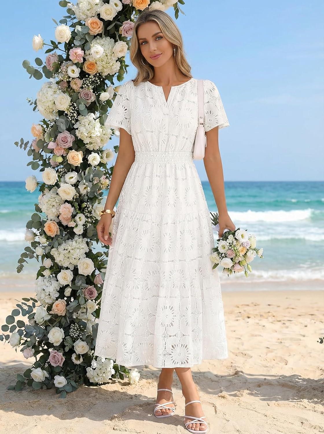 imageMEROKEETY Womens Summer Floral Maxi Dress 2026 Spring Boho Vacation Eyelet Lace Short Sleeve A Line Tiered Flowy DressesWhite