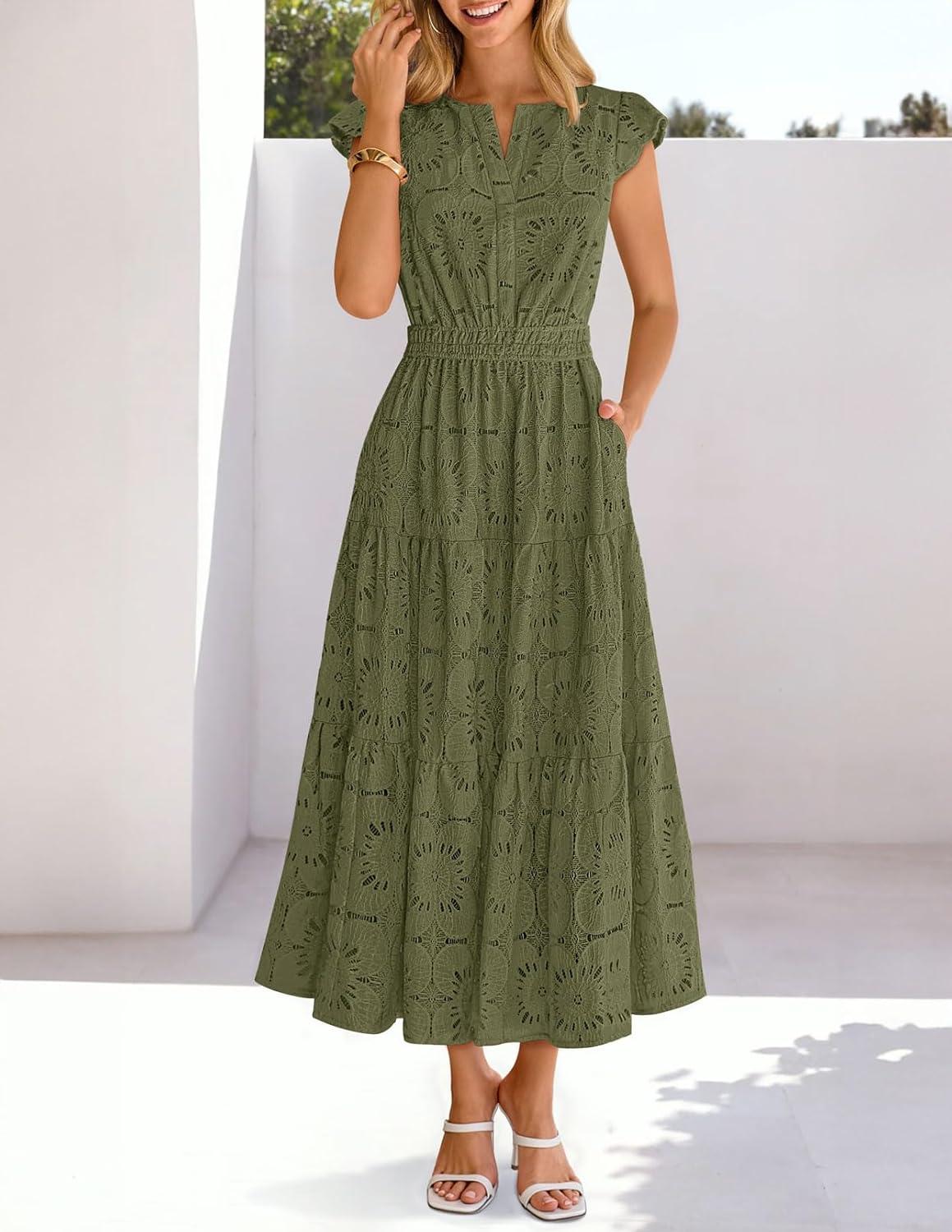 imageMEROKEETY Womens Summer Lace Eyelet Maxi Dress 2026 Spring Casual Boho Flutter Sleeve Tiered Flowy Beach Vacation DressesArmy Green
