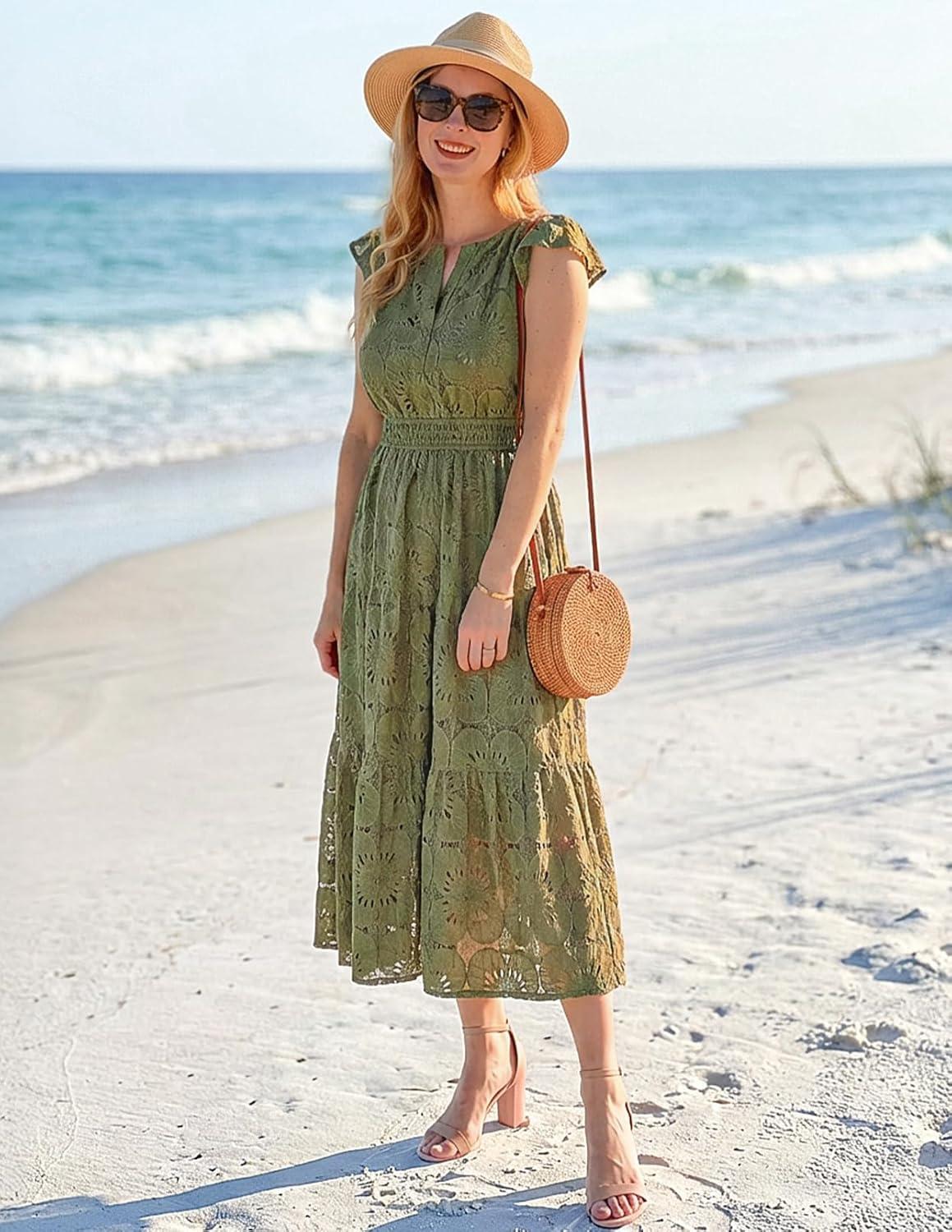 imageMEROKEETY Womens Summer Lace Eyelet Maxi Dress 2026 Spring Casual Boho Flutter Sleeve Tiered Flowy Beach Vacation DressesArmy Green