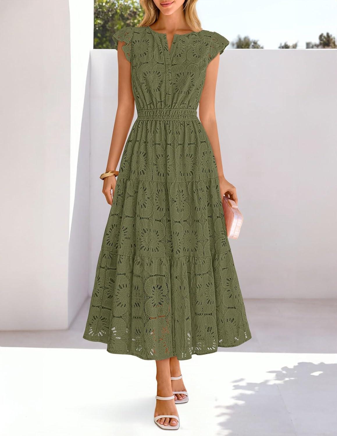 imageMEROKEETY Womens Summer Lace Eyelet Maxi Dress 2026 Spring Casual Boho Flutter Sleeve Tiered Flowy Beach Vacation DressesArmy Green