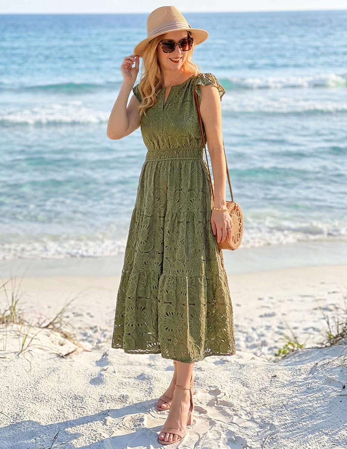 imageMEROKEETY Womens Summer Lace Eyelet Maxi Dress 2026 Spring Casual Boho Flutter Sleeve Tiered Flowy Beach Vacation DressesArmy Green