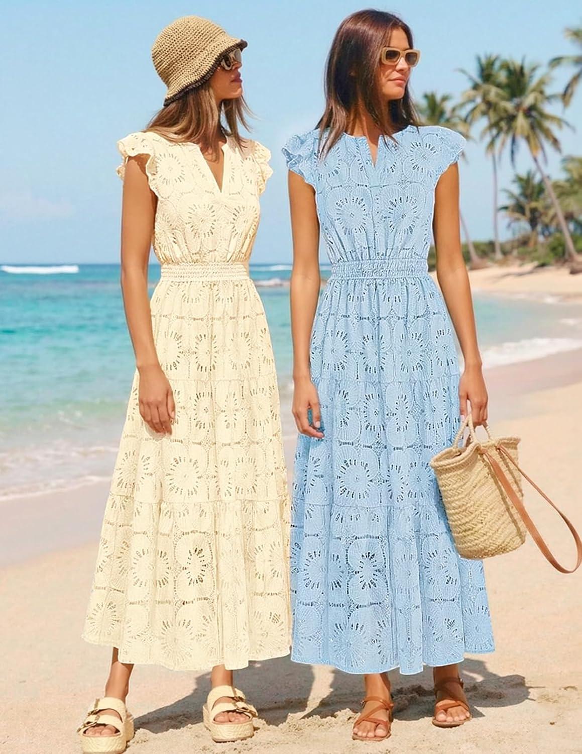 imageMEROKEETY Womens Summer Lace Eyelet Maxi Dress 2026 Spring Casual Boho Flutter Sleeve Tiered Flowy Beach Vacation DressesBeige