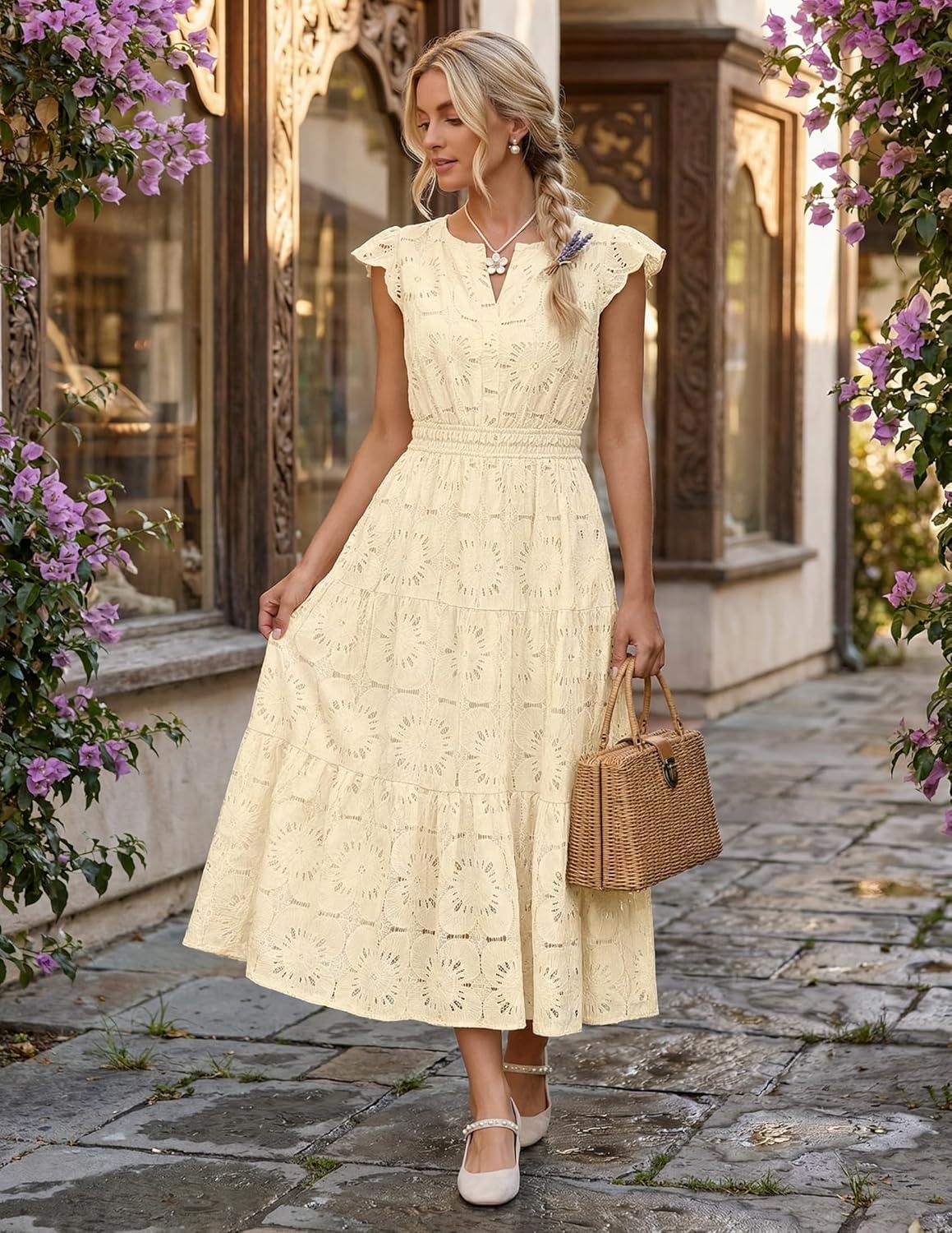 imageMEROKEETY Womens Summer Lace Eyelet Maxi Dress 2026 Spring Casual Boho Flutter Sleeve Tiered Flowy Beach Vacation DressesBeige