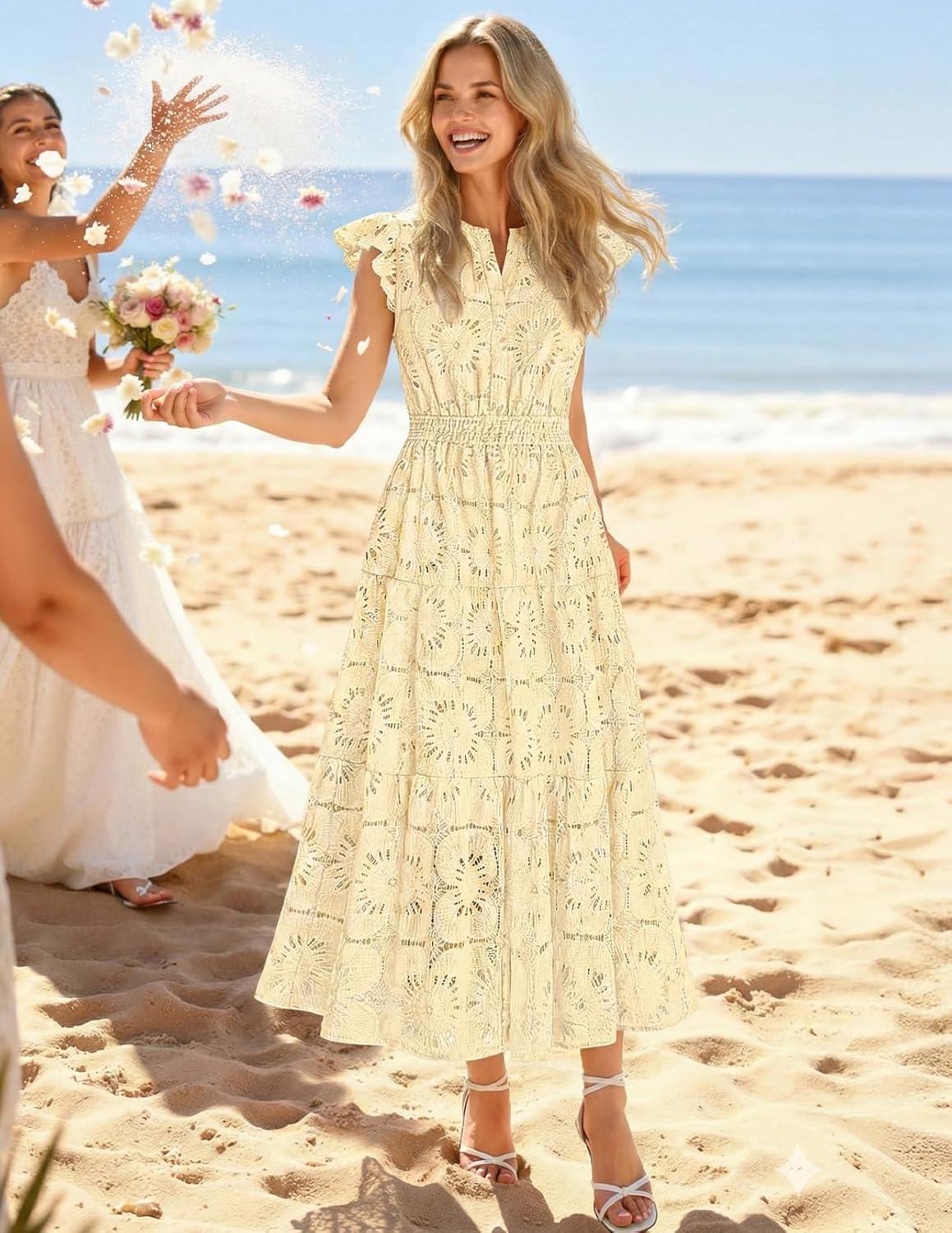 imageMEROKEETY Womens Summer Lace Eyelet Maxi Dress 2026 Spring Casual Boho Flutter Sleeve Tiered Flowy Beach Vacation DressesBeige