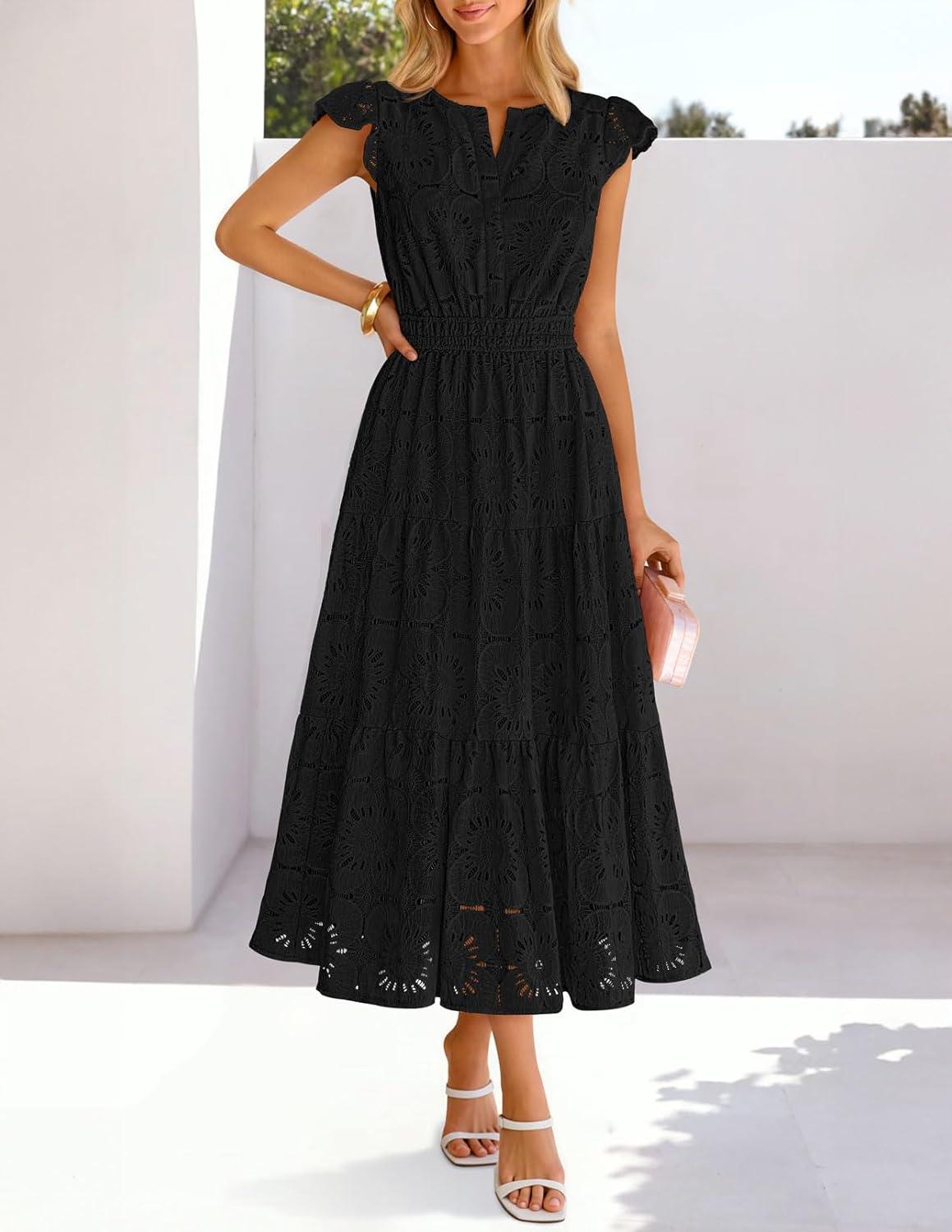imageMEROKEETY Womens Summer Lace Eyelet Maxi Dress 2026 Spring Casual Boho Flutter Sleeve Tiered Flowy Beach Vacation DressesBlack