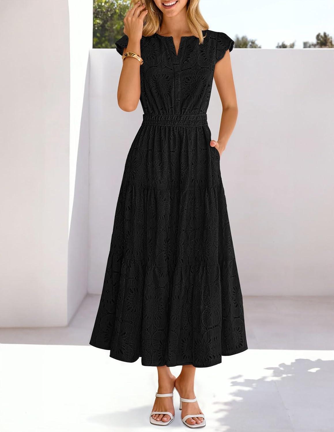 imageMEROKEETY Womens Summer Lace Eyelet Maxi Dress 2026 Spring Casual Boho Flutter Sleeve Tiered Flowy Beach Vacation DressesBlack