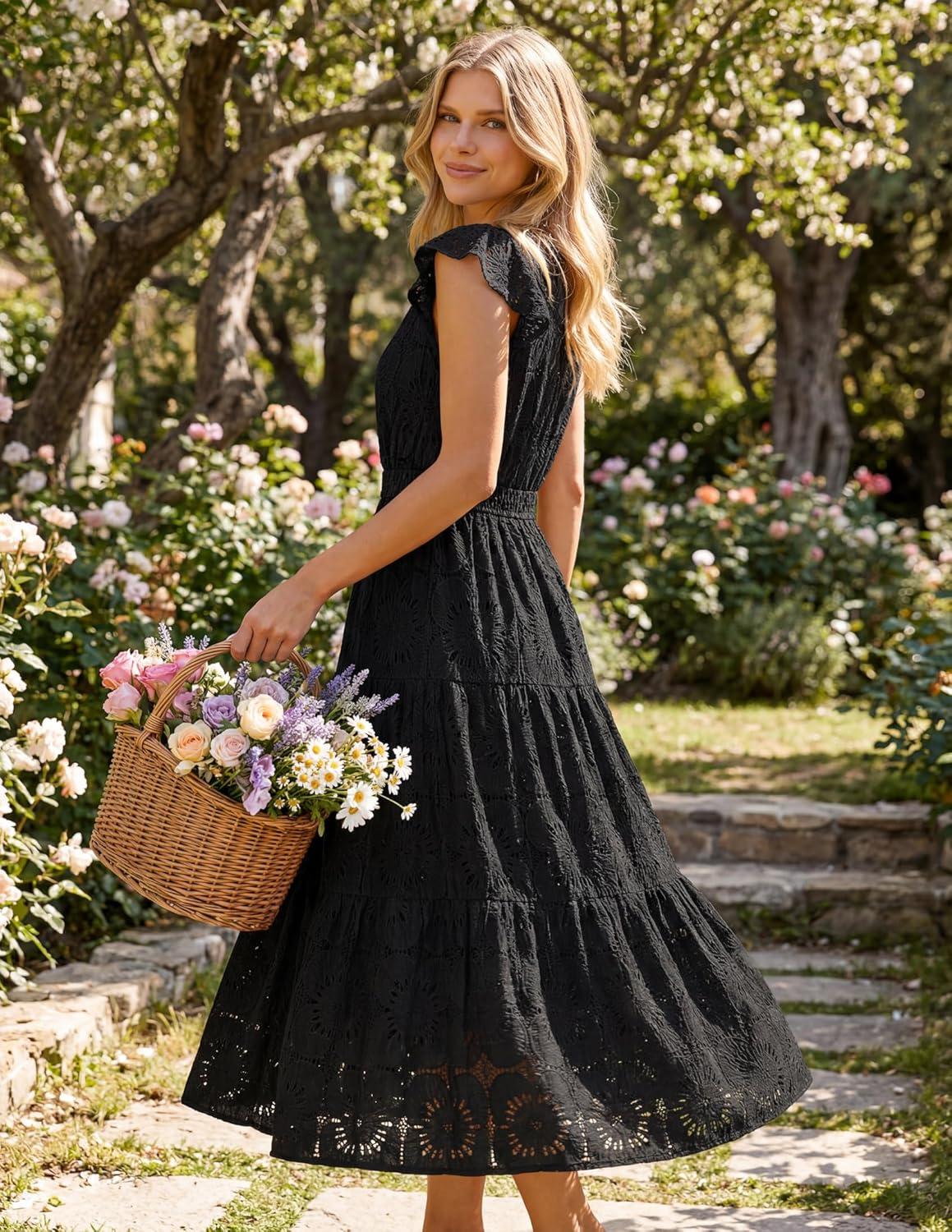 imageMEROKEETY Womens Summer Lace Eyelet Maxi Dress 2026 Spring Casual Boho Flutter Sleeve Tiered Flowy Beach Vacation DressesBlack