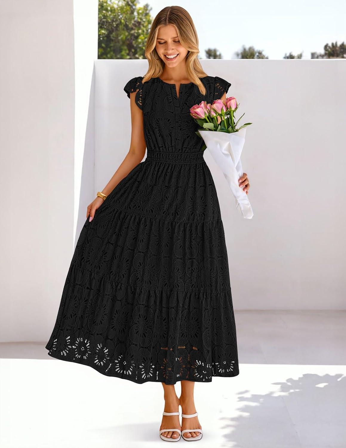 imageMEROKEETY Womens Summer Lace Eyelet Maxi Dress 2026 Spring Casual Boho Flutter Sleeve Tiered Flowy Beach Vacation DressesBlack