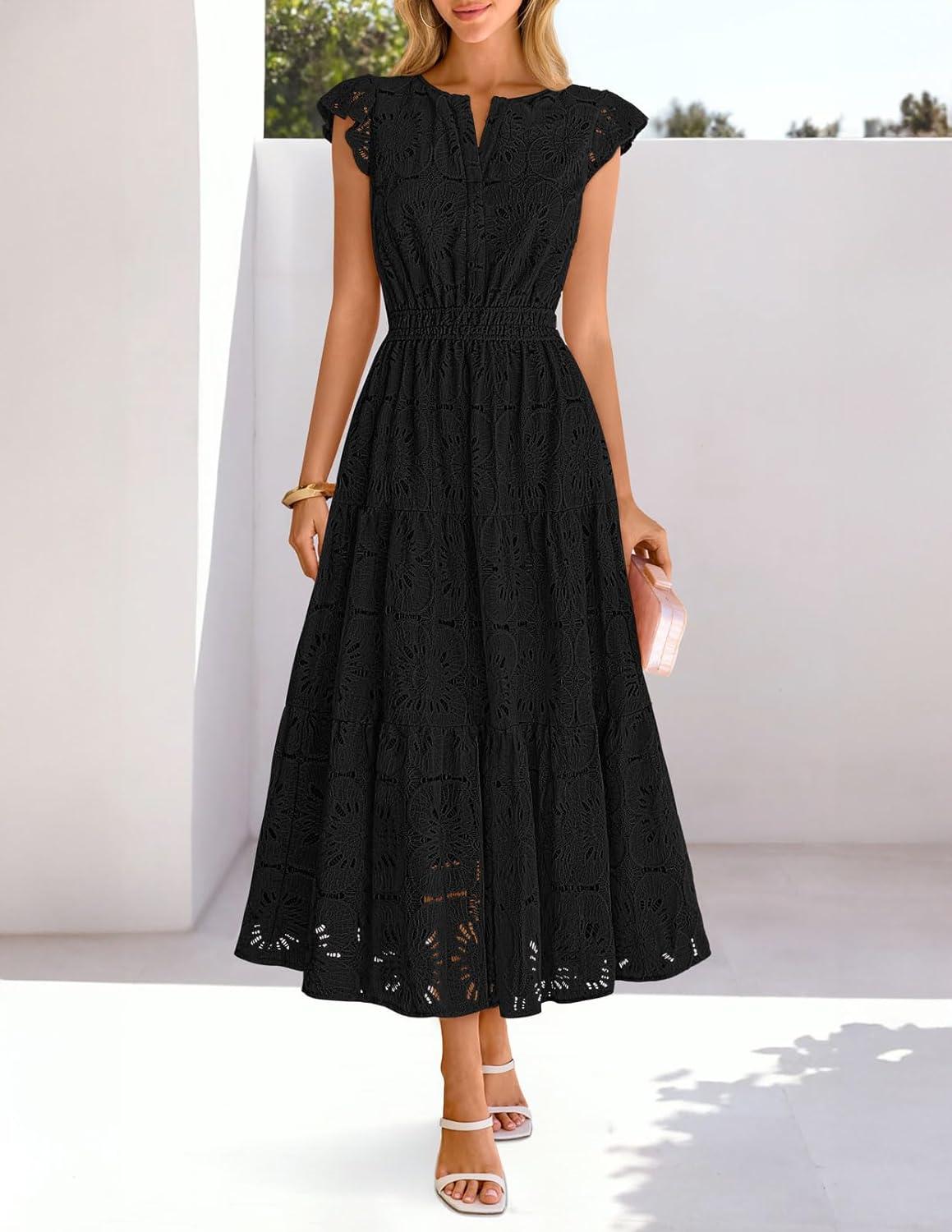 imageMEROKEETY Womens Summer Lace Eyelet Maxi Dress 2026 Spring Casual Boho Flutter Sleeve Tiered Flowy Beach Vacation DressesBlack