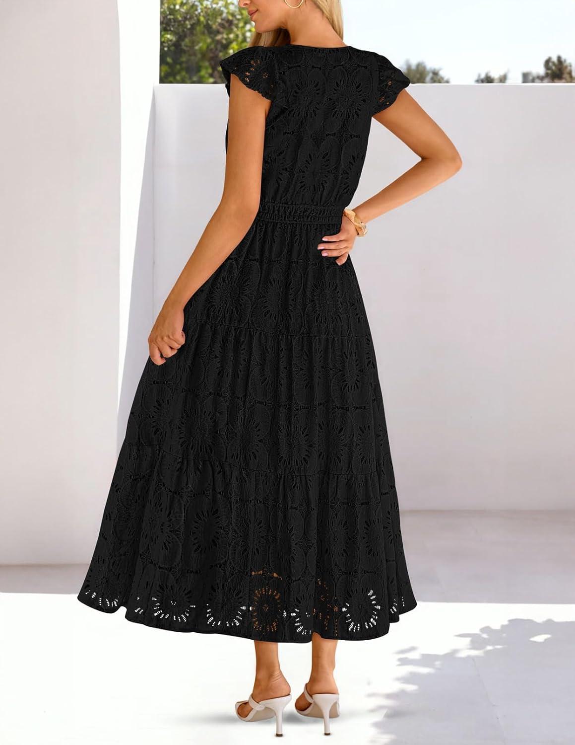 imageMEROKEETY Womens Summer Lace Eyelet Maxi Dress 2026 Spring Casual Boho Flutter Sleeve Tiered Flowy Beach Vacation DressesBlack