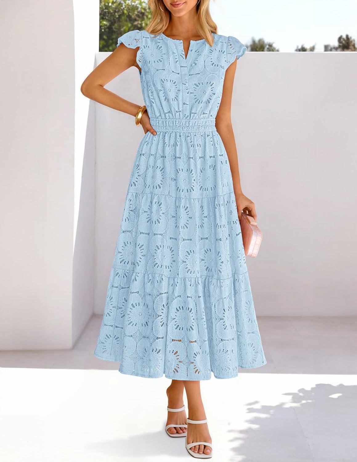 imageMEROKEETY Womens Summer Lace Eyelet Maxi Dress 2026 Spring Casual Boho Flutter Sleeve Tiered Flowy Beach Vacation DressesBlue
