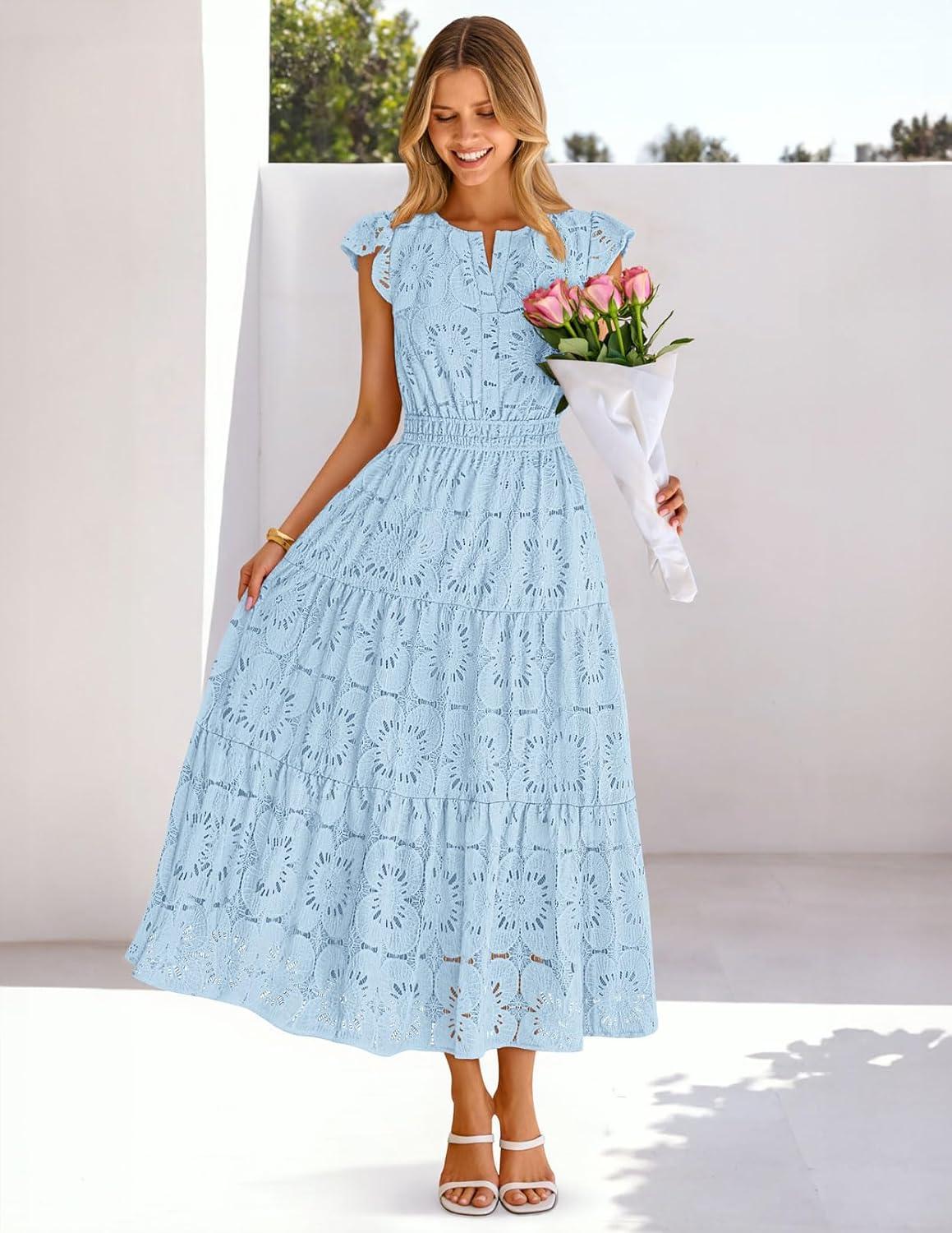 imageMEROKEETY Womens Summer Lace Eyelet Maxi Dress 2026 Spring Casual Boho Flutter Sleeve Tiered Flowy Beach Vacation DressesBlue