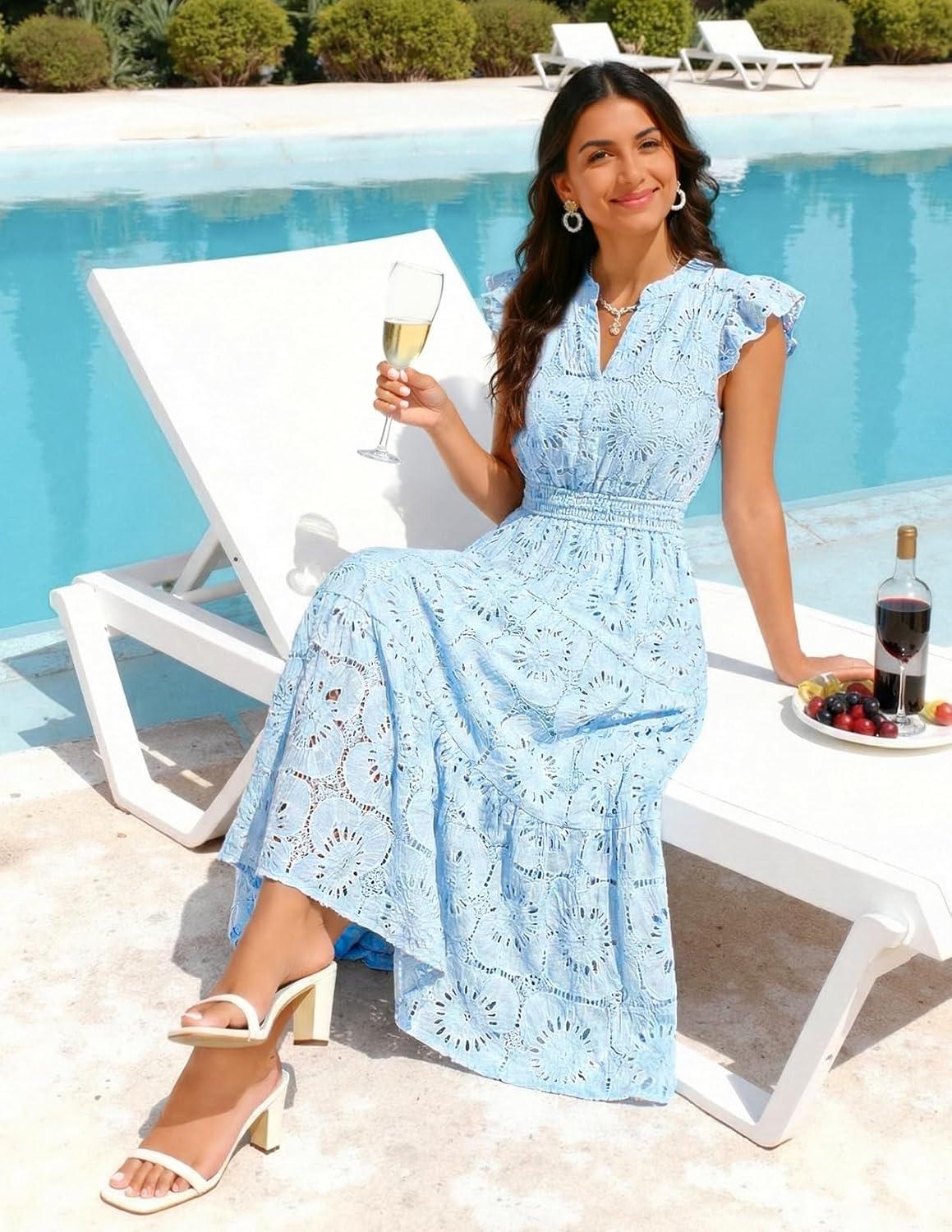 imageMEROKEETY Womens Summer Lace Eyelet Maxi Dress 2026 Spring Casual Boho Flutter Sleeve Tiered Flowy Beach Vacation DressesBlue