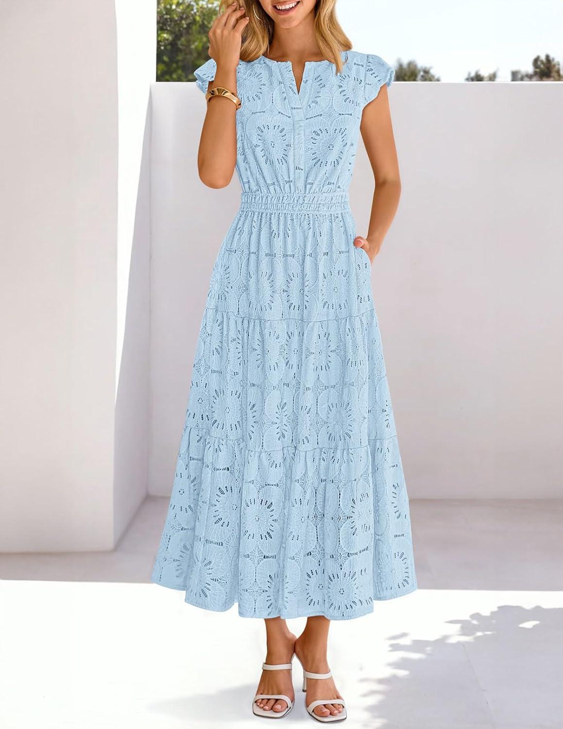 imageMEROKEETY Womens Summer Lace Eyelet Maxi Dress 2026 Spring Casual Boho Flutter Sleeve Tiered Flowy Beach Vacation DressesBlue