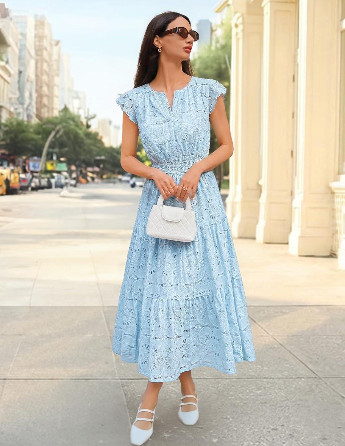 imageMEROKEETY Womens Summer Lace Eyelet Maxi Dress 2026 Spring Casual Boho Flutter Sleeve Tiered Flowy Beach Vacation DressesBlue