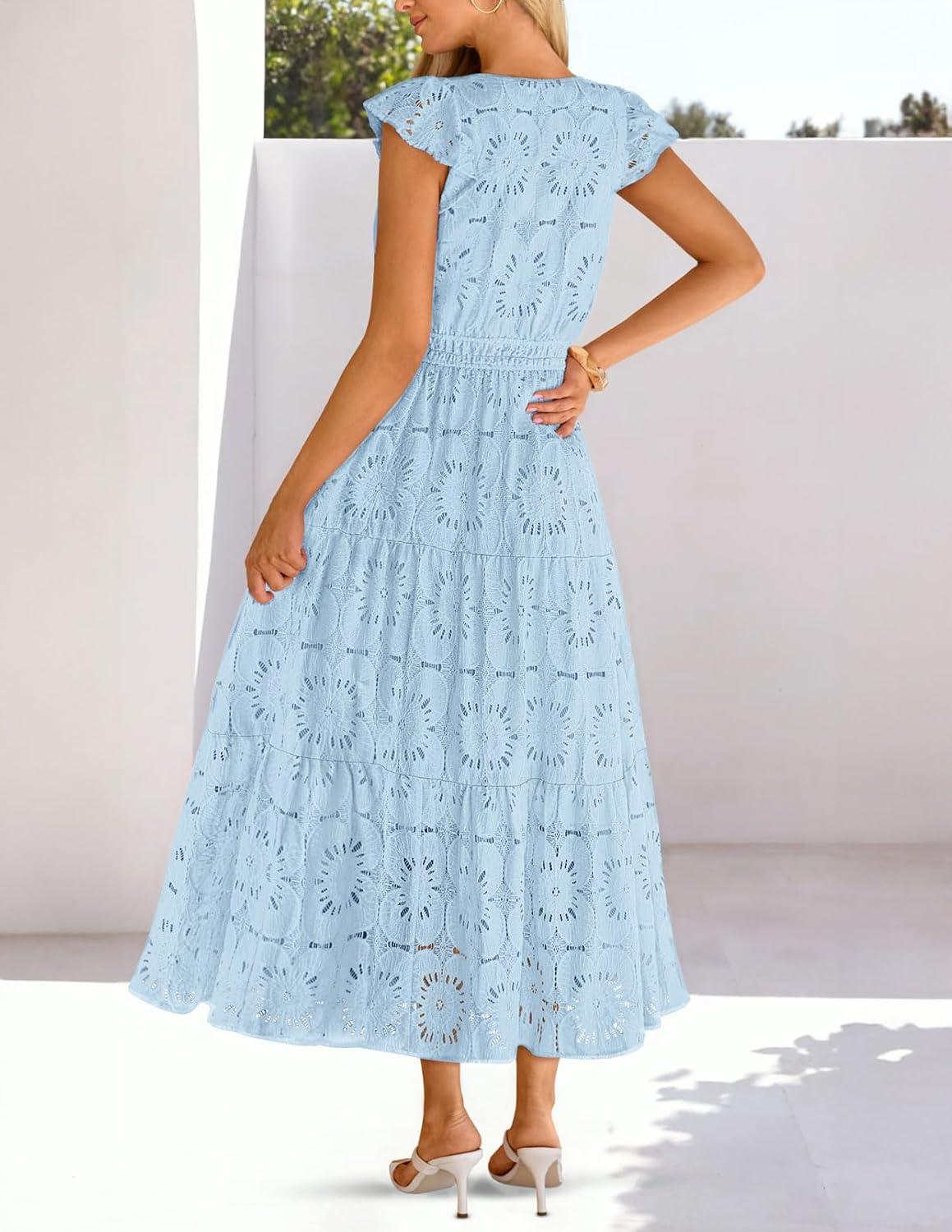 imageMEROKEETY Womens Summer Lace Eyelet Maxi Dress 2026 Spring Casual Boho Flutter Sleeve Tiered Flowy Beach Vacation DressesBlue