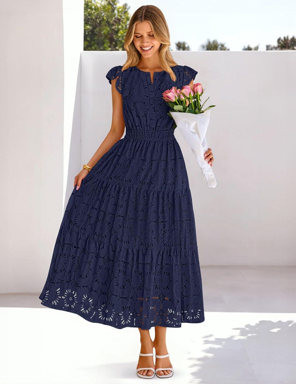 imageMEROKEETY Womens Summer Lace Eyelet Maxi Dress 2026 Spring Casual Boho Flutter Sleeve Tiered Flowy Beach Vacation DressesNavy
