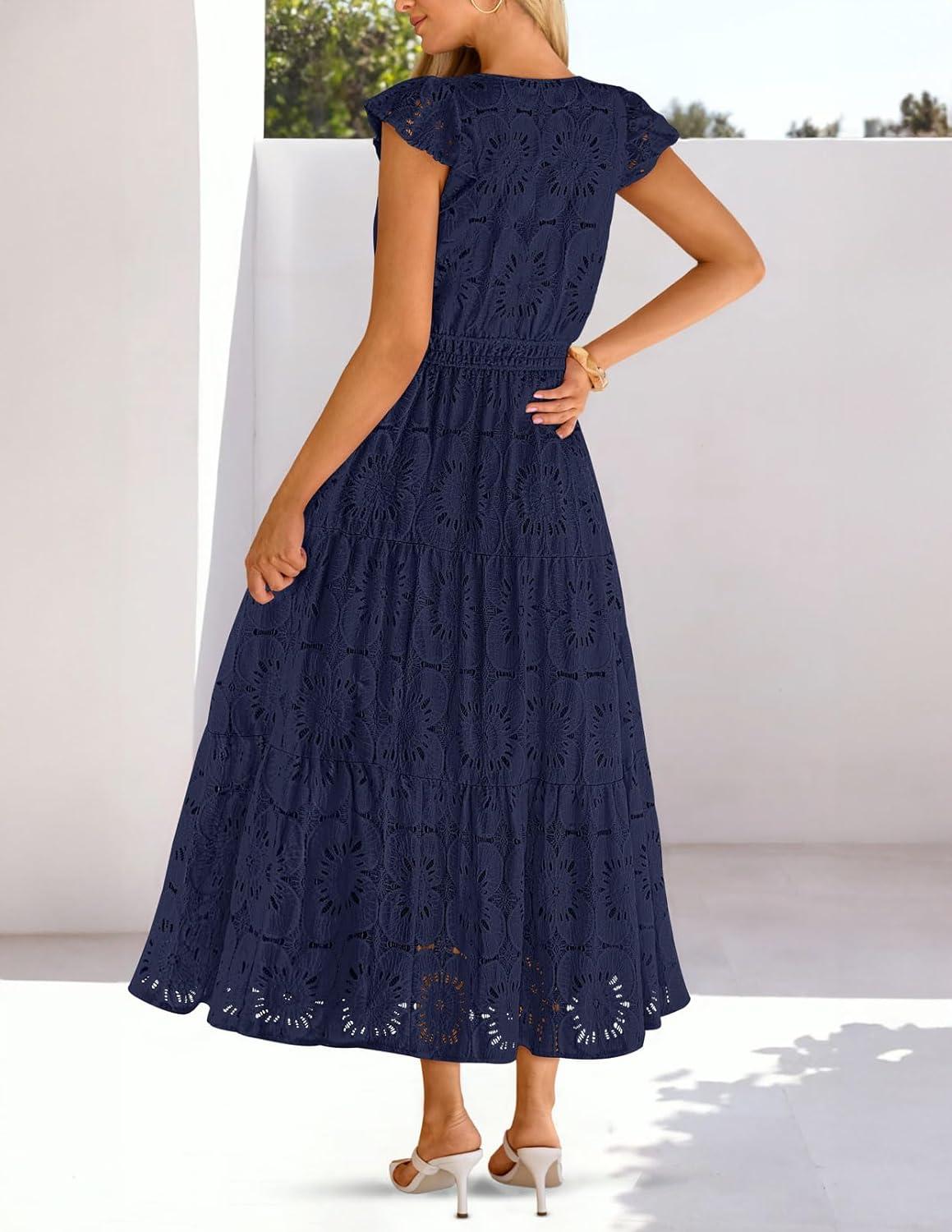 imageMEROKEETY Womens Summer Lace Eyelet Maxi Dress 2026 Spring Casual Boho Flutter Sleeve Tiered Flowy Beach Vacation DressesNavy
