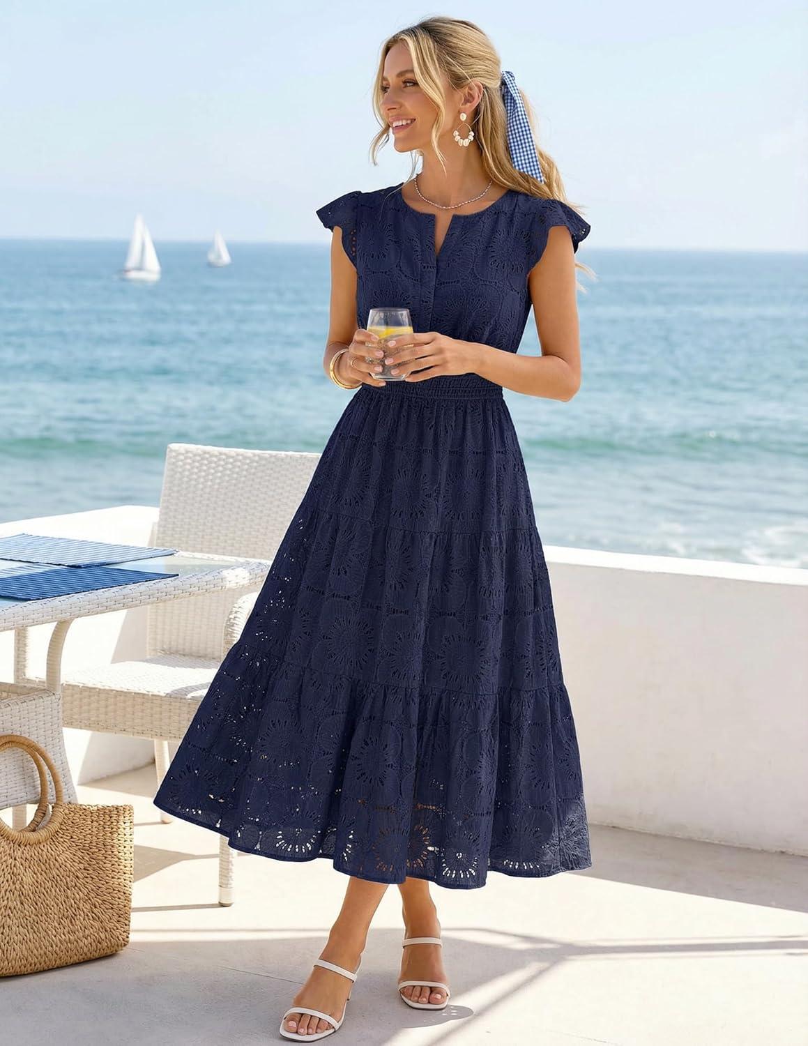imageMEROKEETY Womens Summer Lace Eyelet Maxi Dress 2026 Spring Casual Boho Flutter Sleeve Tiered Flowy Beach Vacation DressesNavy