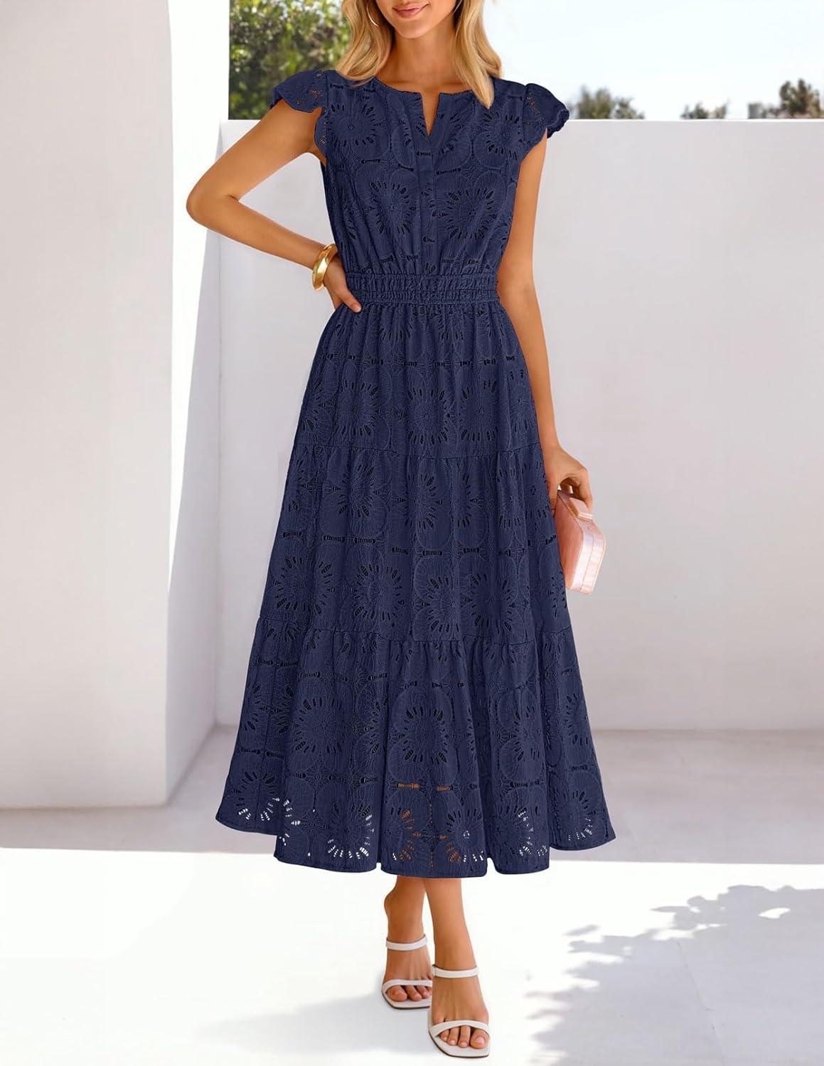 imageMEROKEETY Womens Summer Lace Eyelet Maxi Dress 2026 Spring Casual Boho Flutter Sleeve Tiered Flowy Beach Vacation DressesNavy