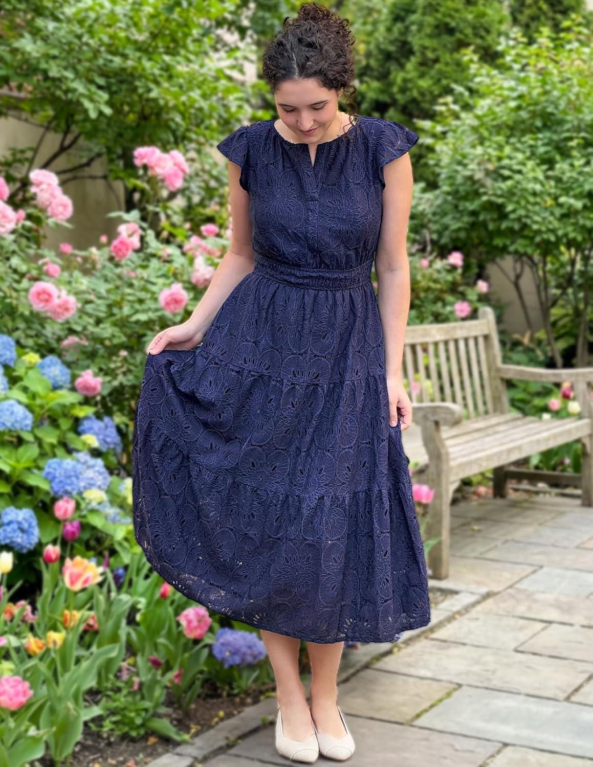 imageMEROKEETY Womens Summer Lace Eyelet Maxi Dress 2026 Spring Casual Boho Flutter Sleeve Tiered Flowy Beach Vacation DressesNavy