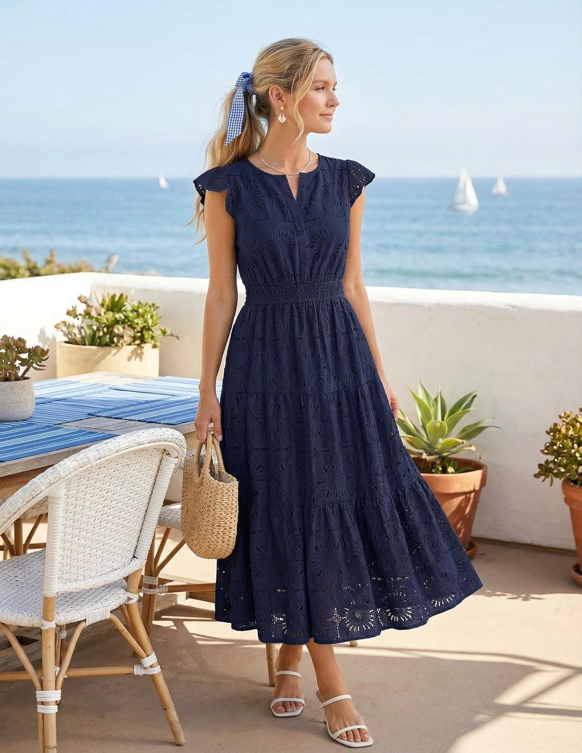 imageMEROKEETY Womens Summer Lace Eyelet Maxi Dress 2026 Spring Casual Boho Flutter Sleeve Tiered Flowy Beach Vacation DressesNavy